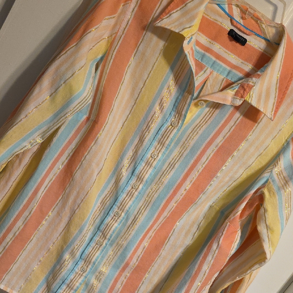 Talbots Women's Striped Button-Down Shirt - Orange, Yellow, Blue